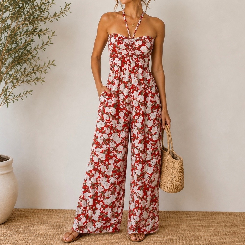 American Eagle Red Floral Strapless Wide Leg Jumpsuit XS Smocked Halter Tie Boho
